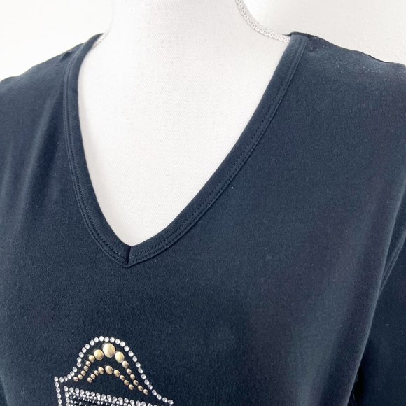 Lyn Dorf Shirt Women Extra Large Black Gold Lucky 7 Rhinestone Studs V-Neck Tee - Picture 6 of 10